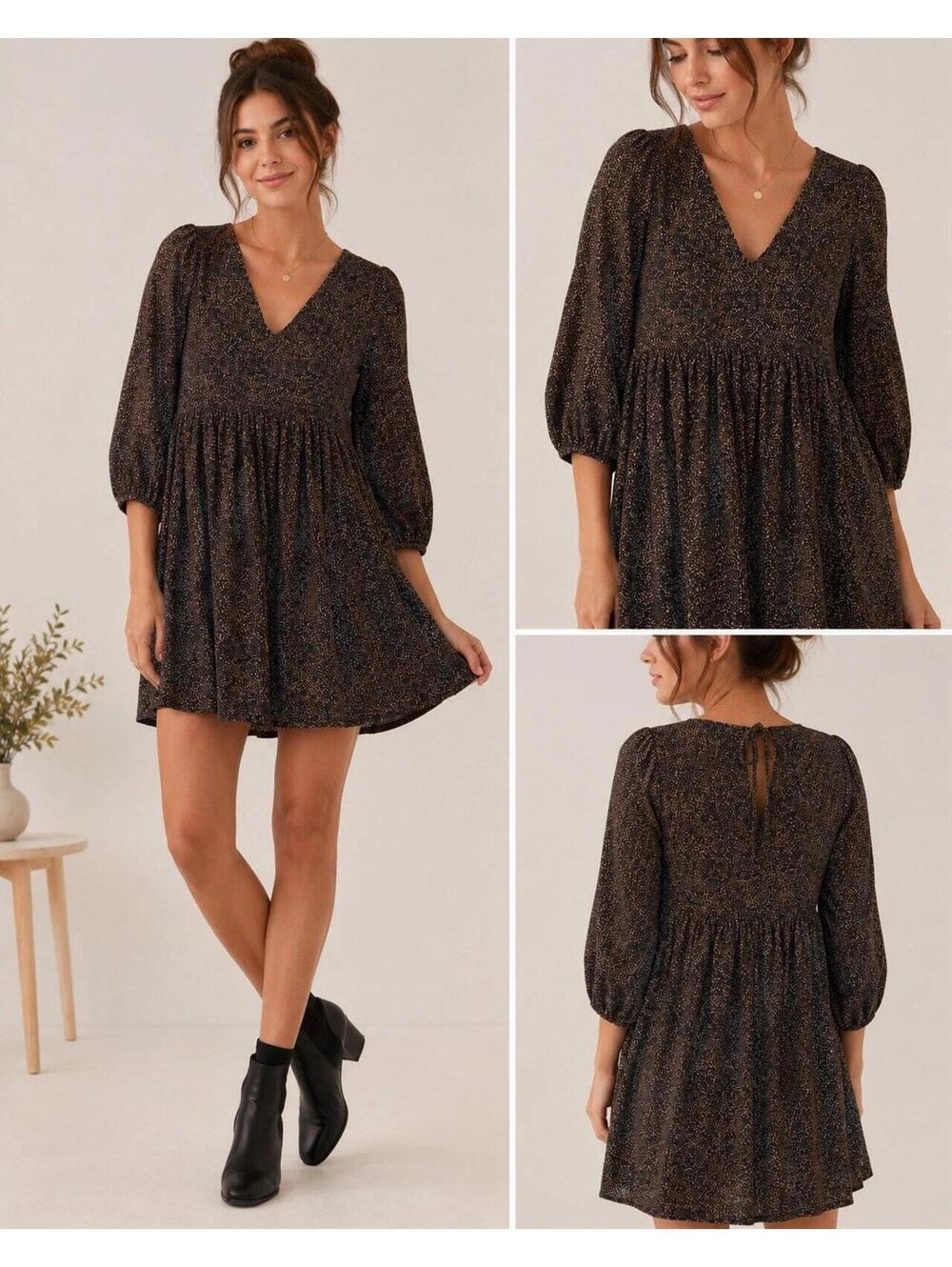 Madewell Womens Mini  Dress Brown Black Print Puff Sleeve V Neck Size M
